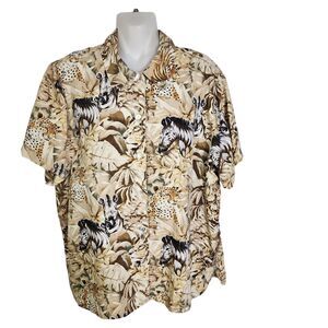 Lemon Grass Women Top Large Brown Linen Blend Safari Animals Button Short Sleeve